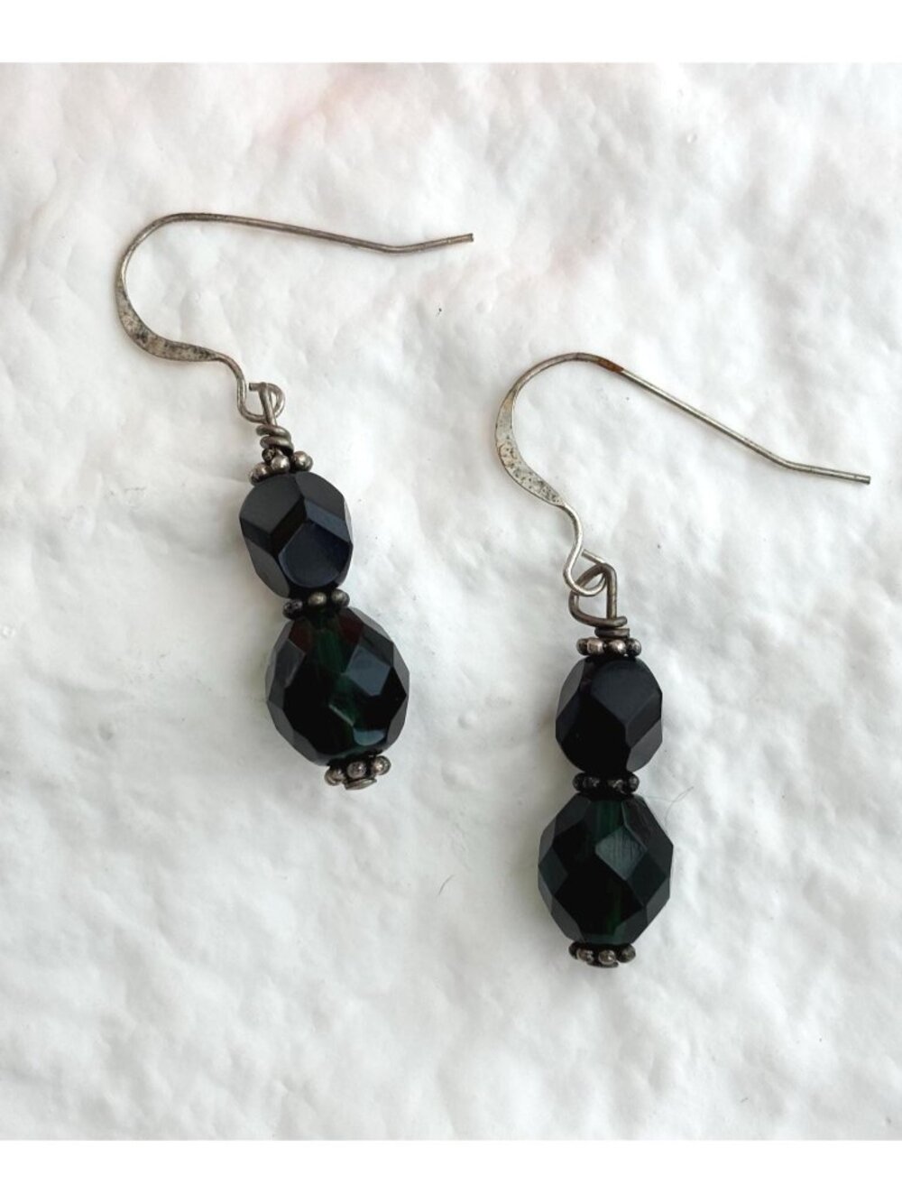Green Beaded Dangle Ear Wire Vintage Silver Toned 80's Earrings